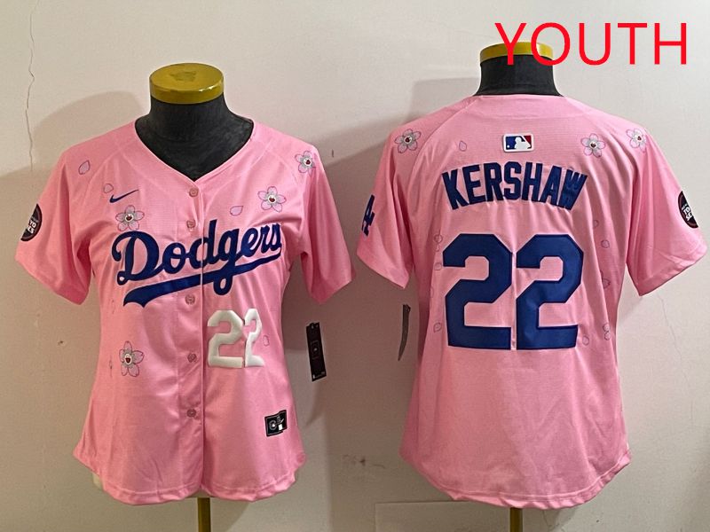 Youth Los Angeles Dodgers #22 Kershaw Pink White Blue Sakura Edition 2025 Nike MLB Jersey style 4->youth mlb jersey->Youth Jersey